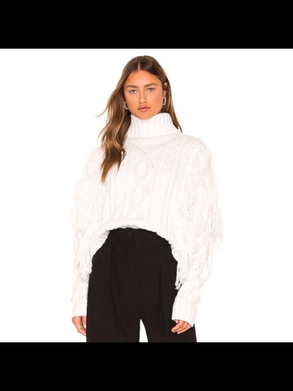 NWT Ronny Kobo Collection Maram Cable-Knit Turtleneck Fringe Sweater